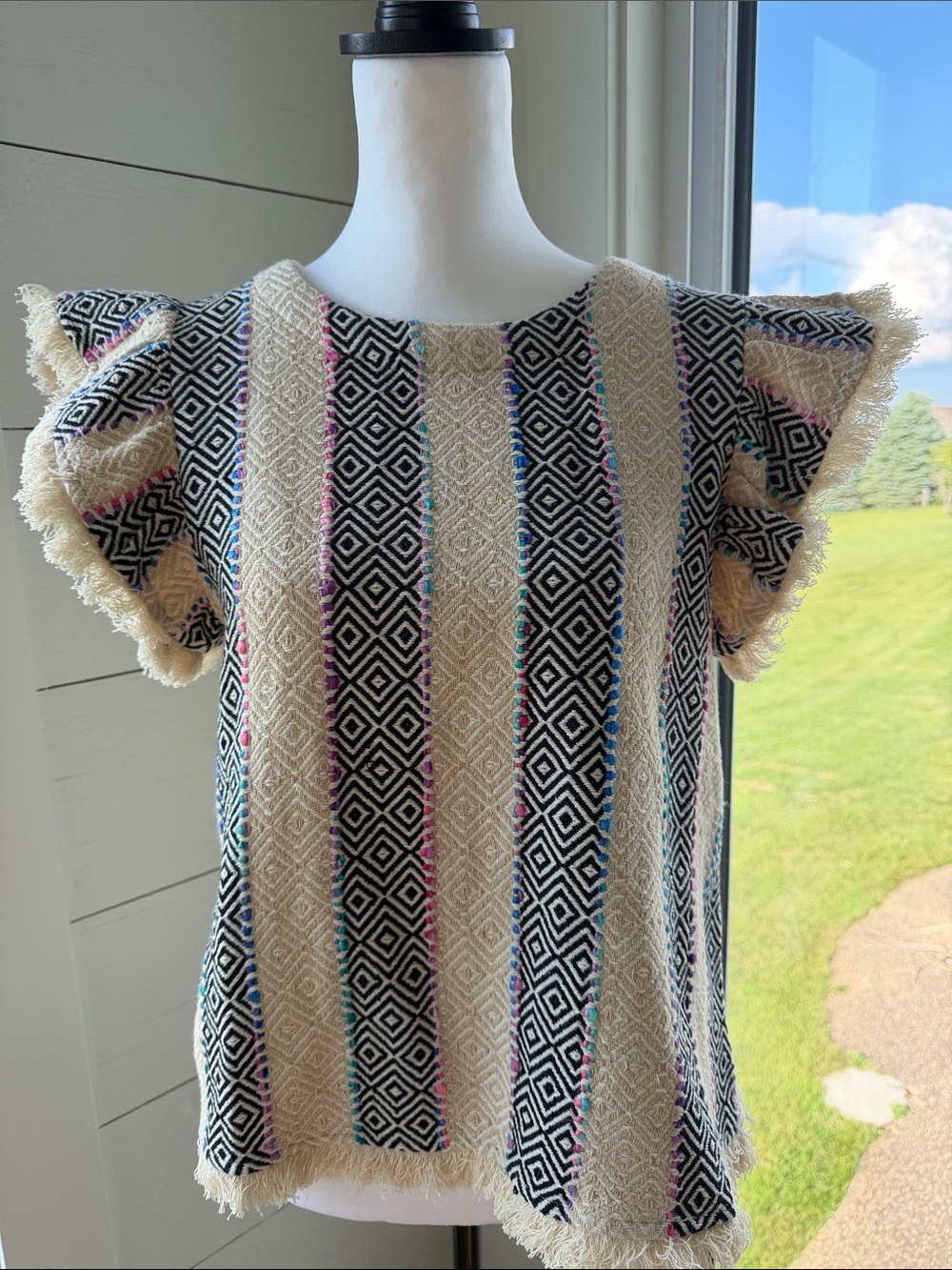 THML Cream and Black Textured Stripe Fringe Sleeve Top
